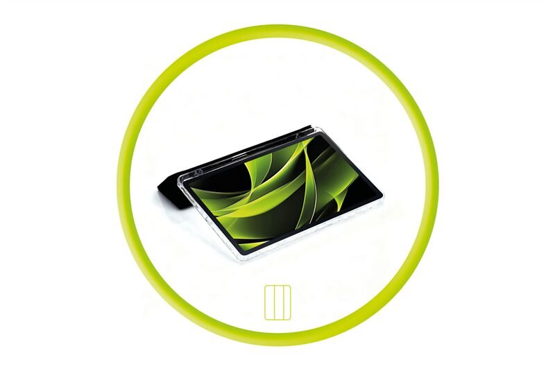 Obraz przedstawia tablet w przezroczystym etui z widocznym zielonym wzorem na ekranie, otoczony zielonym okręgiem. Na dole znajduje się symbol prostokąta z trzema pionowymi liniami.
