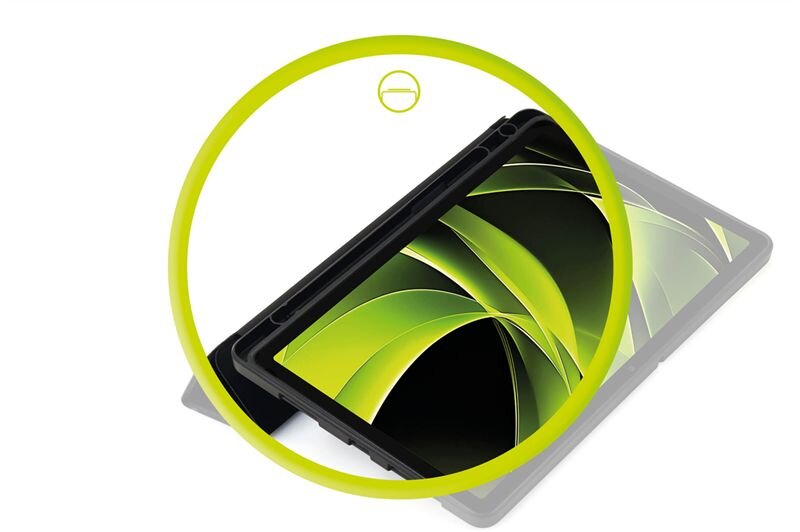 Obraz przedstawia czarne etui na tablet z widocznym ekranem o zielonym wzorze. W górnej części znajduje się żółty okrąg z symbolem tabletu.