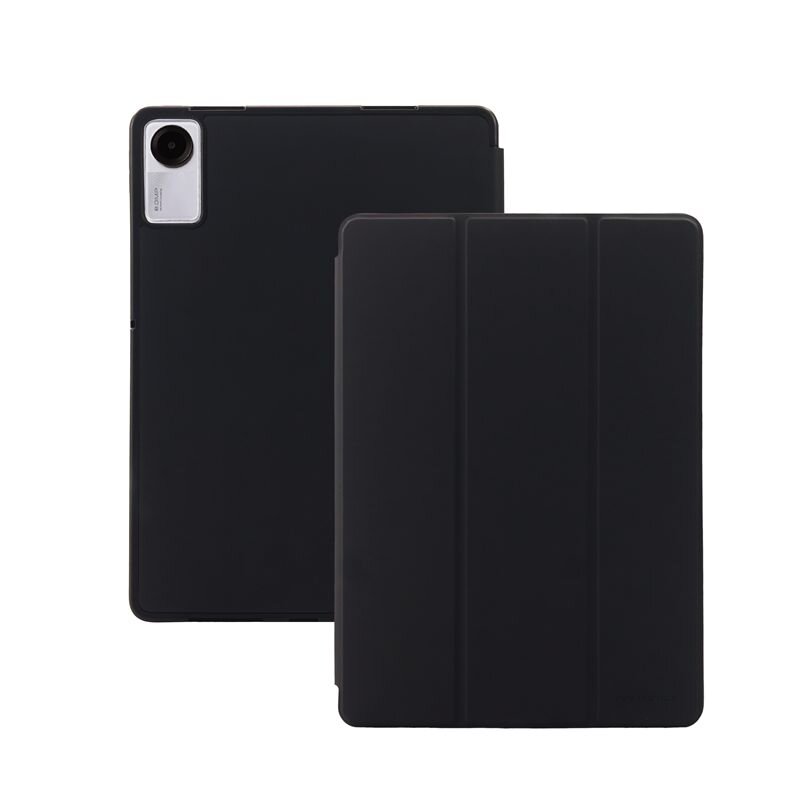 Obraz przedstawia czarne etui na tablet z widocznym wycięciem na aparat. Etui ma gładką powierzchnię i jest złożone z trzech segmentów.