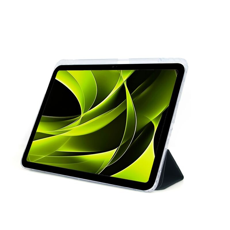 Tablet w przezroczystym etui z wyświetlaczem pokazującym zielono-czarne abstrakcyjne wzory. Etui jest ustawione w pozycji stojącej.