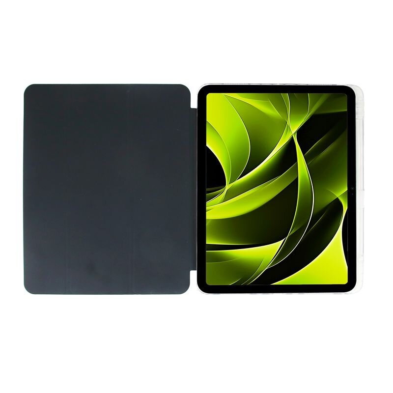 Obraz przedstawia tablet w przezroczystym etui z otwartą czarną okładką. Na ekranie widoczna jest abstrakcyjna grafika w odcieniach zieleni i czerni.