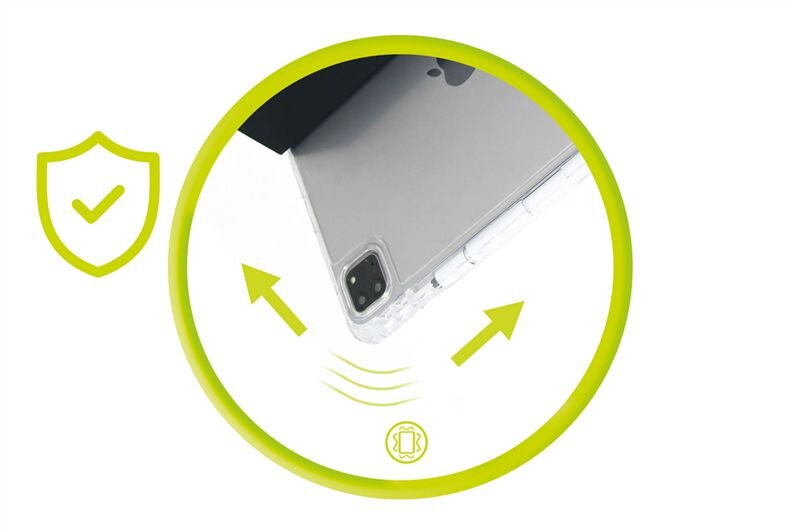 Obraz przedstawia przezroczyste etui na tablet z widocznym aparatem w rogu. Wokół etui znajdują się zielone strzałki i ikony sugerujące ochronę i wytrzymałość.