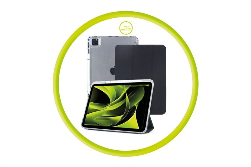 Obraz przedstawia przezroczyste etui na tablet oraz tablet z wyświetlaczem pokazującym zielono-czarną grafikę. W tle widoczny jest czarny element, prawdopodobnie pokrowiec, a całość otoczona jest zielonym okręgiem z napisem \'0% VAT\'.