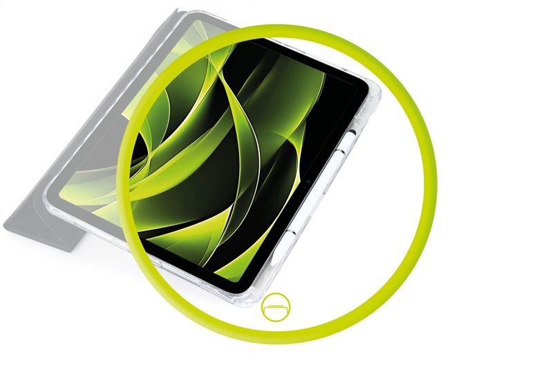 Obraz przedstawia tablet w przezroczystym etui z widocznym abstrakcyjnym wzorem w odcieniach zieleni na ekranie. Wokół tabletu znajduje się żółty okrąg z małym symbolem na dole.