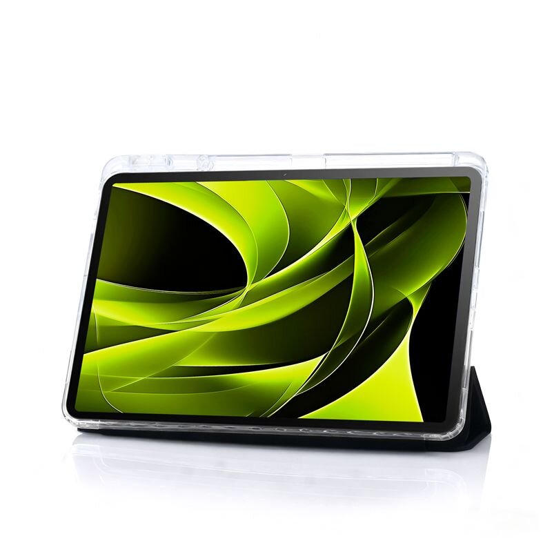 Tablet w przezroczystym etui z wyświetlaczem pokazującym abstrakcyjną grafikę w odcieniach zieleni i czerni. Etui jest ustawione w pozycji stojącej.