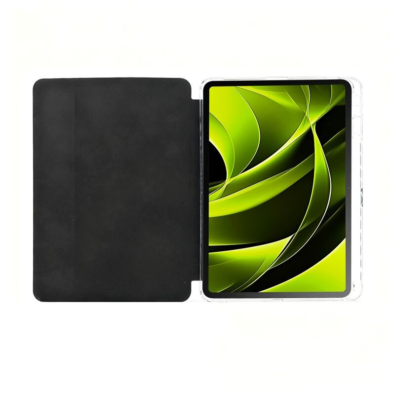 Obraz przedstawia tablet w przezroczystym etui z otwartą czarną okładką. Na ekranie widoczna jest abstrakcyjna grafika w odcieniach zieleni i czerni.