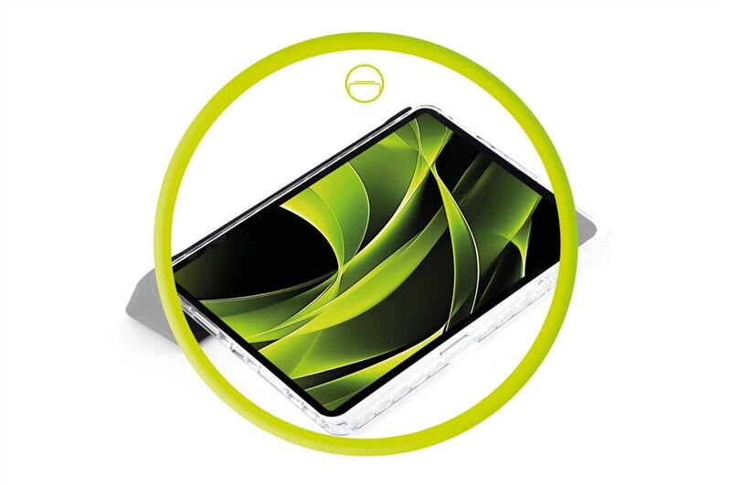 Obraz przedstawia tablet w przezroczystym etui z zielonymi, abstrakcyjnymi wzorami na ekranie. Całość otoczona jest żółtym okręgiem z symbolem tabletu u góry.