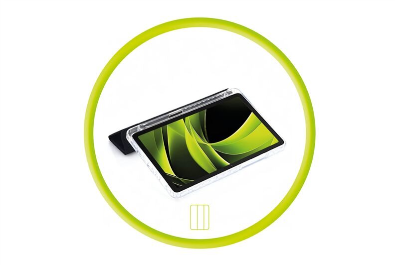 Obraz przedstawia tablet w przezroczystym etui z widocznym zielonym wzorem na ekranie, otoczony zielonym okręgiem. Na dole znajduje się symbol prostokąta z dwoma pionowymi liniami.