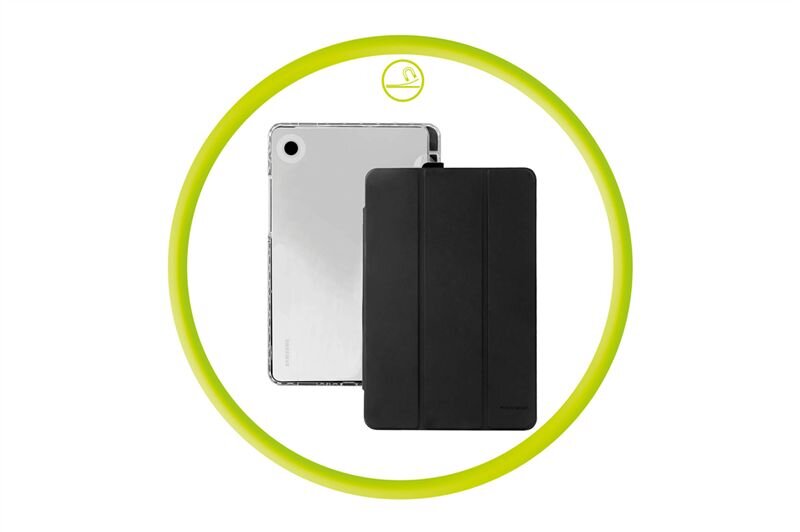 Obraz przedstawia przezroczyste etui na tablet oraz czarne etui z klapką, umieszczone w zielonym okręgu. W górnej części okręgu znajduje się symbol strzałki w kółku.