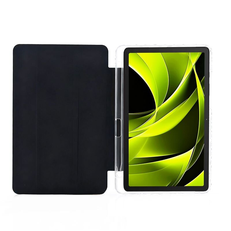 Obraz przedstawia tablet w przezroczystym etui z otwartą czarną okładką. Na ekranie widoczna jest abstrakcyjna grafika w odcieniach zieleni i czerni.