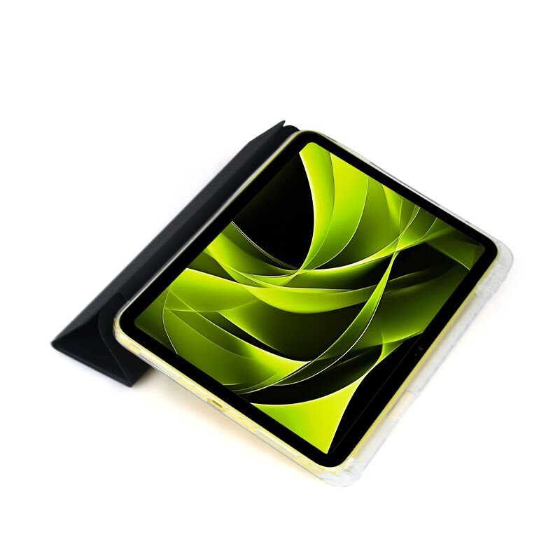 Obraz przedstawia tablet w przezroczystym etui z wyświetlaczem pokazującym abstrakcyjną grafikę w zielonych odcieniach. Etui ma czarną klapkę, która jest częściowo otwarta.
