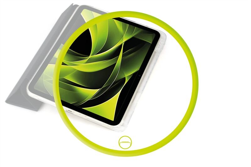 Obraz przedstawia tablet w przezroczystym etui z widocznym abstrakcyjnym, zielono-czarnym wzorem na ekranie. Wokół tabletu znajduje się żółty okrąg z małym symbolem na dole.