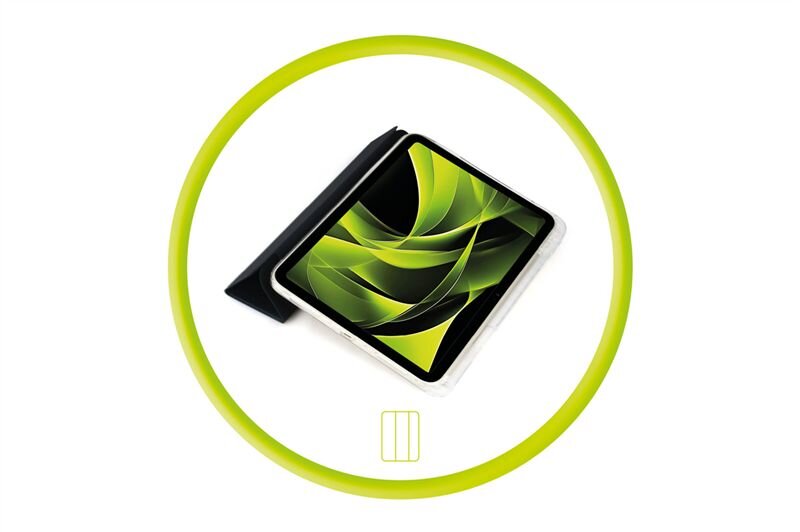Obraz przedstawia tablet w przezroczystym etui z widocznym abstrakcyjnym wzorem w odcieniach zieleni na ekranie. Całość otoczona jest zielonym okręgiem, a poniżej znajduje się symbol przypominający prostokąt z trzema pionowymi liniami.
