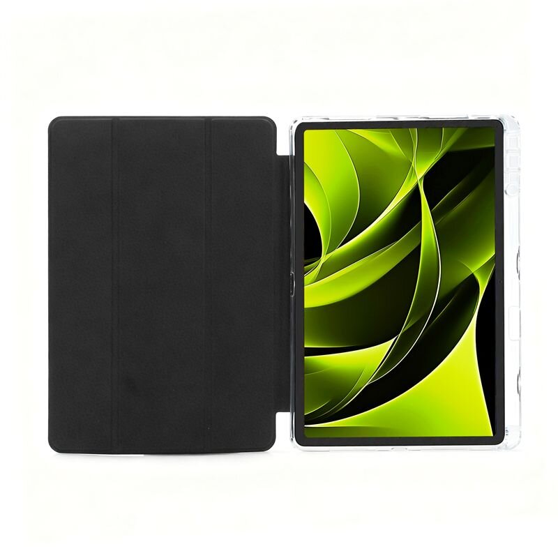 Obraz przedstawia tablet w przezroczystym etui z czarną okładką. Na ekranie tabletu widoczna jest abstrakcyjna grafika w odcieniach zieleni i czerni.