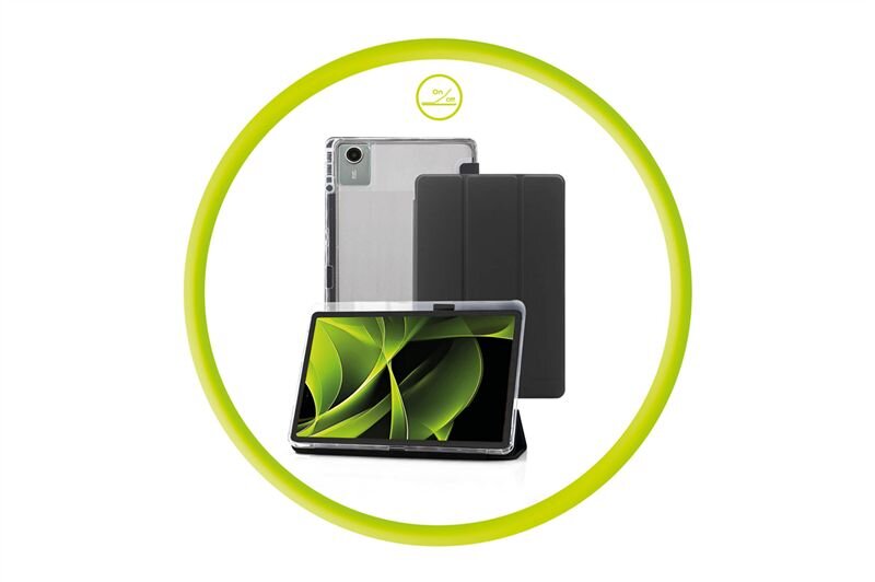 Obraz przedstawia przezroczyste etui na tablet z czarną okładką, w którym znajduje się tablet z wyświetlaczem pokazującym zielone wzory. W tle widoczny jest okrągły, zielony symbol z napisem \'0% PVC\'.
