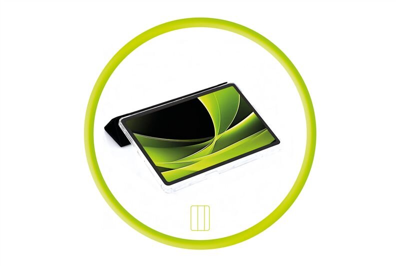 Obraz przedstawia tablet w przezroczystym etui, z wyświetlaczem pokazującym zielono-czarne wzory. Całość otoczona jest zielonym okręgiem, a poniżej znajduje się symbol prostokąta z trzema pionowymi liniami.