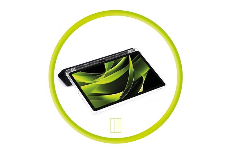 Obraz przedstawia tablet w przezroczystym etui, ustawiony pod kątem, z widocznym zielono-czarnym wzorem na ekranie. Całość otoczona jest zielonym okręgiem, a poniżej znajduje się symbol dwóch pionowych linii.