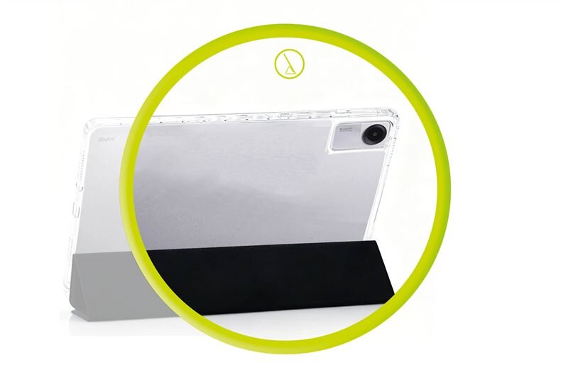Obraz przedstawia przezroczyste etui na tablet z widocznym aparatem w rogu. W tle znajduje się czarny stojak, a całość otoczona jest żółtym okręgiem z symbolem stojaka na górze.