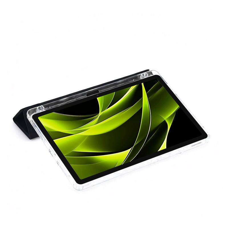 Tablet w przezroczystym etui z wyświetlaczem pokazującym zielono-czarną abstrakcyjną grafikę. Etui jest ustawione w pozycji stojącej.