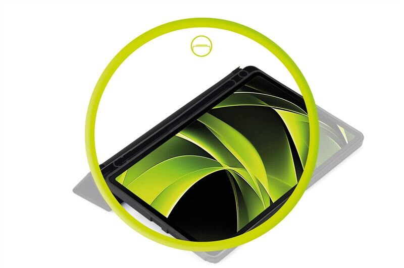 Obraz przedstawia czarne etui na tablet z widocznym ekranem o zielonym wzorze. Wokół tabletu znajduje się żółty okrąg z symbolem w górnej części.