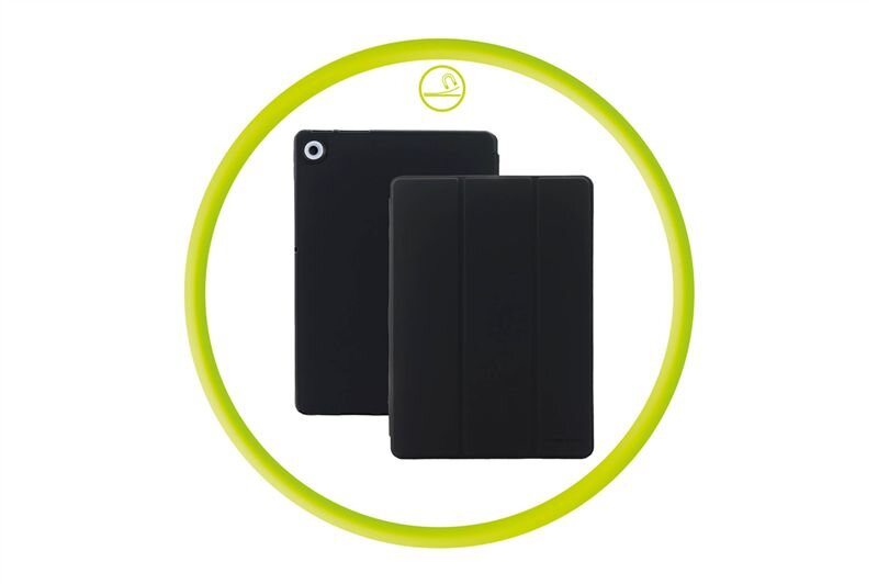 Obraz przedstawia czarne etui na tablet, widoczne z przodu i z tyłu, umieszczone w zielonym okręgu. W górnej części okręgu znajduje się mała ikona przedstawiająca zamek.