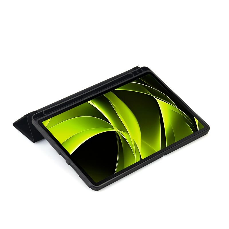 Tablet w czarnej obudowie z wyświetlaczem pokazującym zielono-czarną abstrakcyjną grafikę. Obudowa jest otwarta, umożliwiając ustawienie tabletu pod kątem.