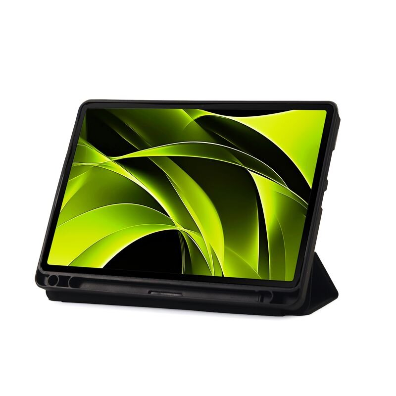 Tablet w czarnej obudowie z wyświetlaczem pokazującym abstrakcyjny wzór w odcieniach zieleni i czerni.
