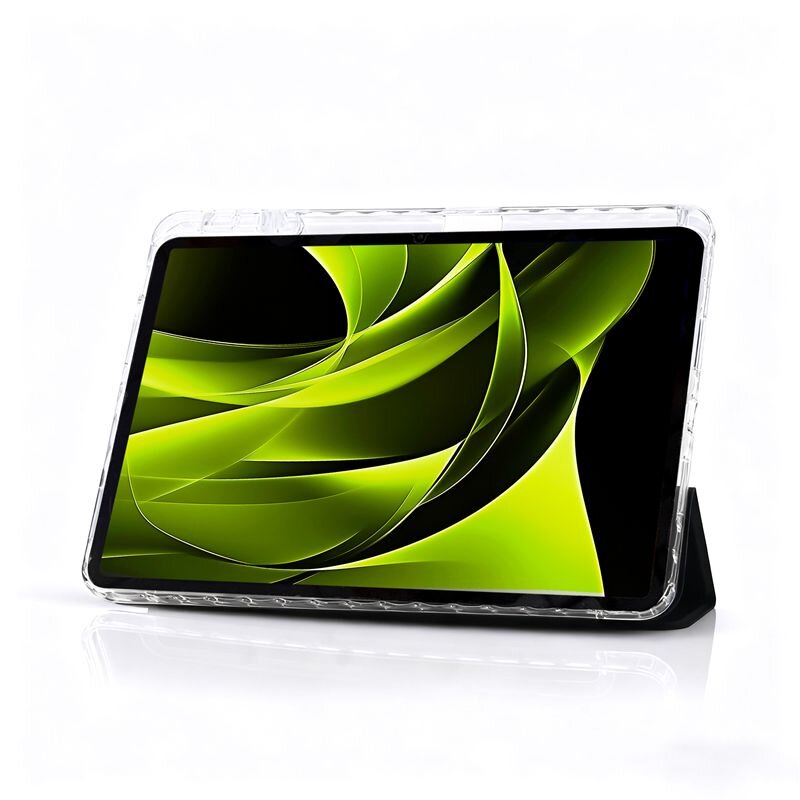 Tablet w przezroczystym etui z wyświetlaczem pokazującym abstrakcyjną grafikę w odcieniach zieleni i czerni. Etui ma przezroczyste krawędzie i czarną podpórkę.