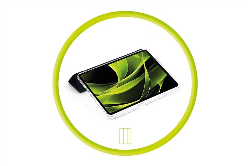 Obraz przedstawia tablet w przezroczystym etui, ustawiony pod kątem, z wyświetlaczem pokazującym zielono-czarne wzory. Całość otoczona jest zielonym okręgiem, a poniżej znajduje się symbol prostokąta z dwoma pionowymi liniami.