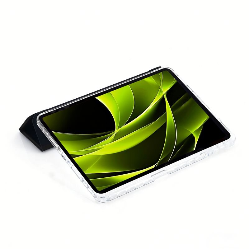 Tablet w przezroczystym etui z wyświetlaczem pokazującym zielono-czarne abstrakcyjne wzory. Etui jest ustawione w pozycji stojącej.
