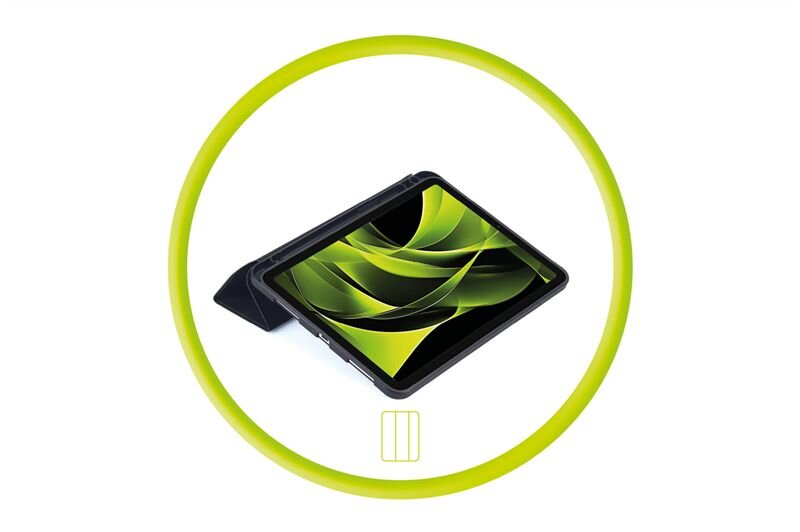 Obraz przedstawia tablet w czarnym etui, ustawiony w pozycji stojącej. W tle widoczny jest zielony, abstrakcyjny wzór na ekranie tabletu, otoczony zielonym okręgiem.