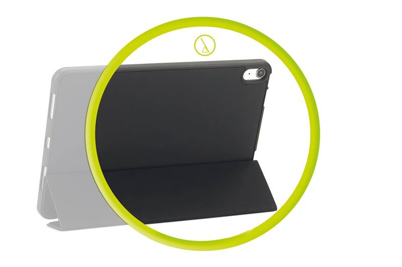 Czarna obudowa na tablet z funkcją stojaka, widoczna z tyłu, z wycięciem na aparat. W górnej części znajduje się żółty okrąg z symbolem stojaka.
