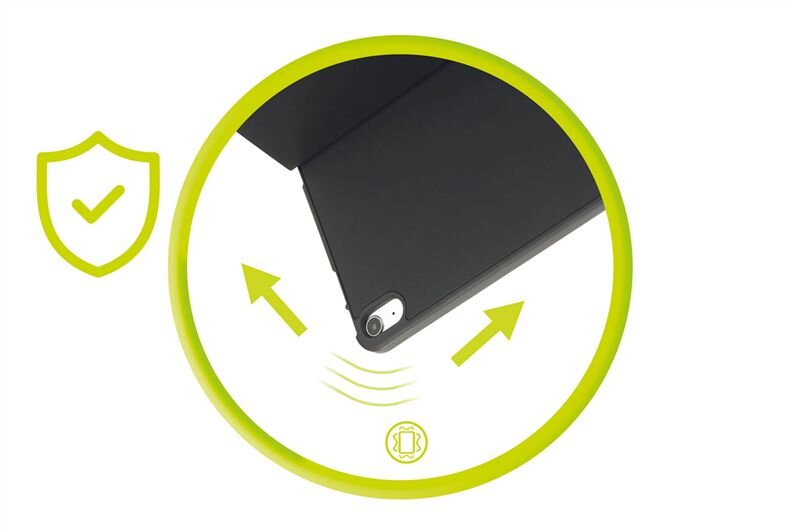 Obraz przedstawia czarne etui na tablet z widocznym otworem na aparat. Wokół etui znajdują się zielone strzałki i ikony symbolizujące ochronę i funkcjonalność.