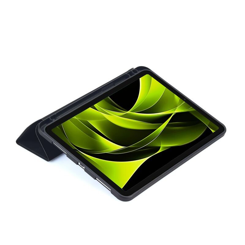 Tablet w czarnej obudowie z wyświetlaczem pokazującym zielono-czarną abstrakcyjną grafikę. Obudowa jest ustawiona w pozycji stojącej.