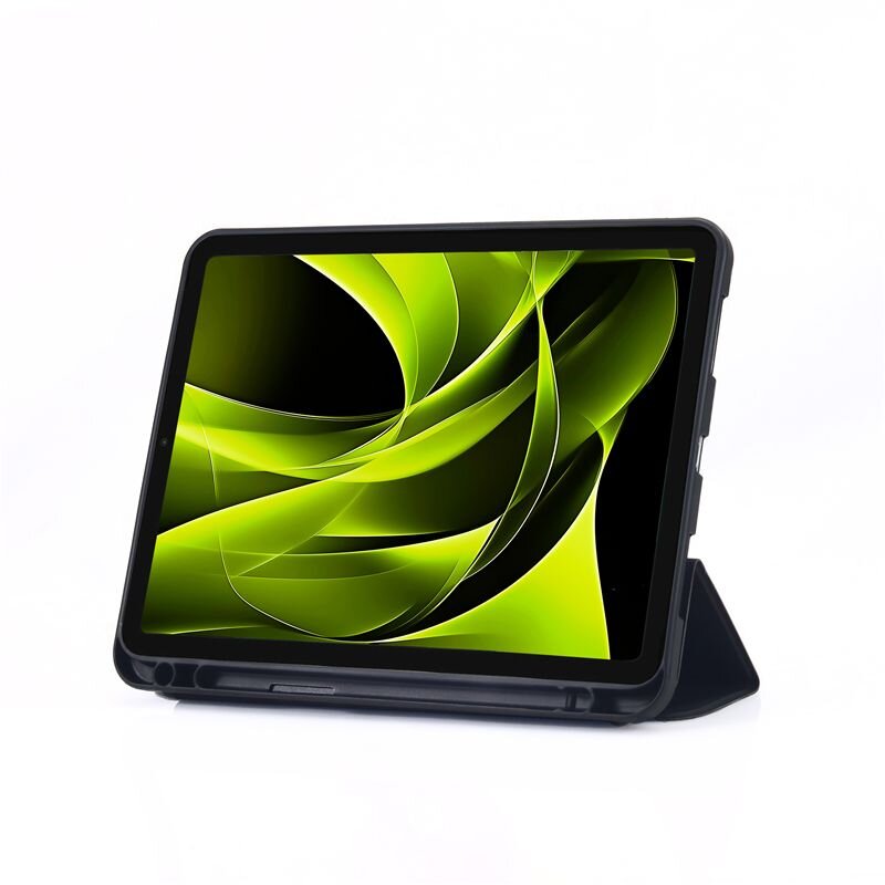 Tablet w czarnym etui z wyświetlaczem pokazującym abstrakcyjną grafikę w odcieniach zieleni i czerni. Etui jest ustawione w pozycji stojącej.