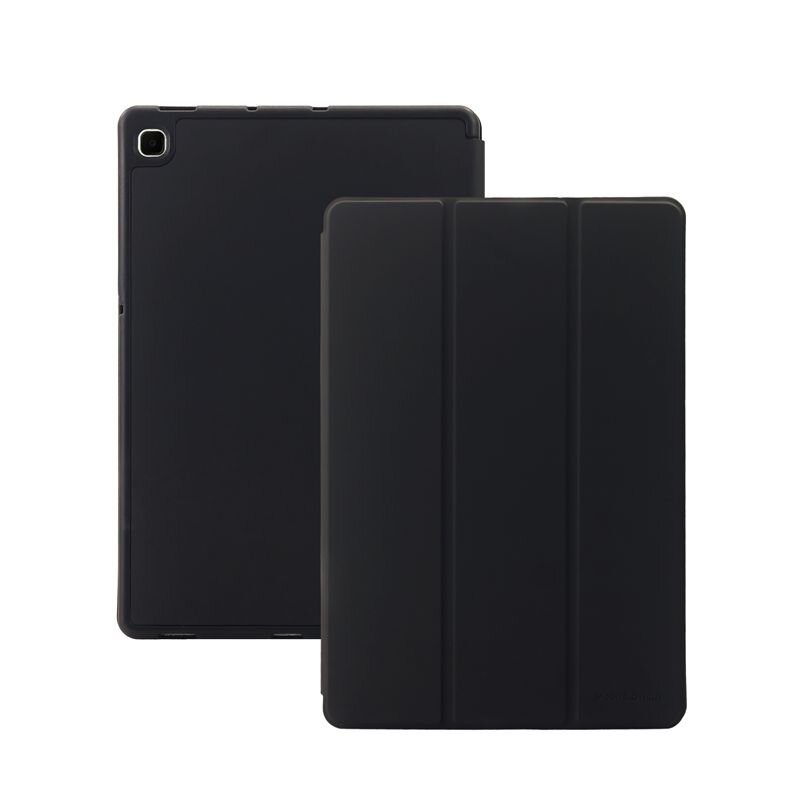 Obraz przedstawia czarne etui na tablet, widoczne z przodu i z tyłu. Etui ma gładką powierzchnię i wycięcie na aparat w rogu.