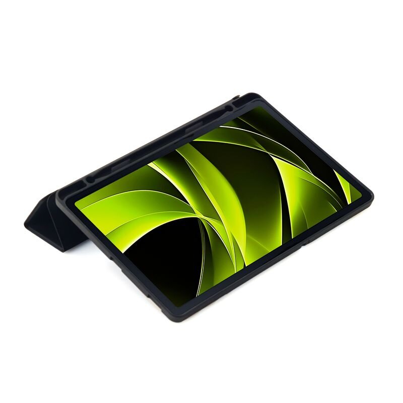 Tablet w czarnej obudowie z wyświetlaczem pokazującym zielono-czarne abstrakcyjne wzory. Obudowa jest ustawiona w pozycji stojącej.