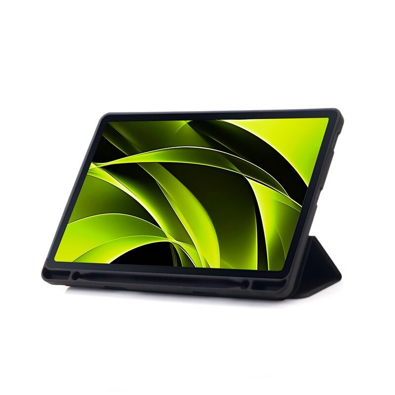 Tablet w czarnym etui z wyświetlaczem pokazującym abstrakcyjną grafikę w odcieniach zieleni i czerni.