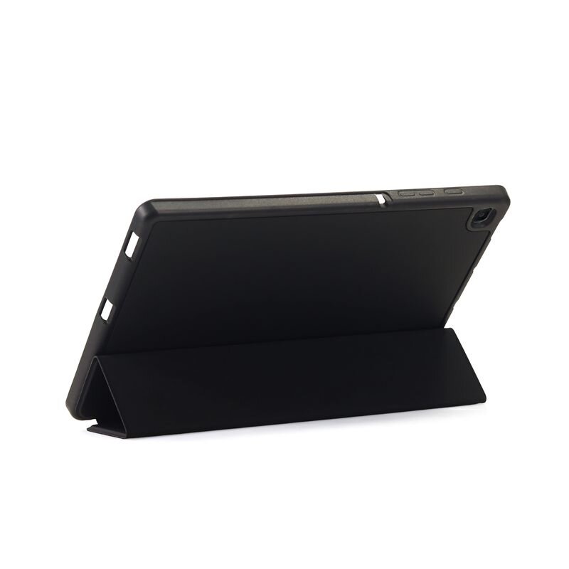 Czarna obudowa na tablet ustawiona w pozycji stojącej, widoczna tylna część z wycięciami na przyciski i aparat.