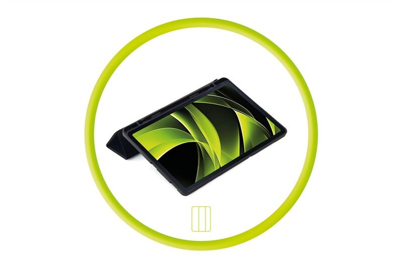 Tablet w czarnej obudowie z zielonym wzorem na ekranie, ustawiony w pozycji stojącej. Obraz otoczony jest zielonym okręgiem, poniżej znajduje się symbol prostokąta z trzema pionowymi liniami.