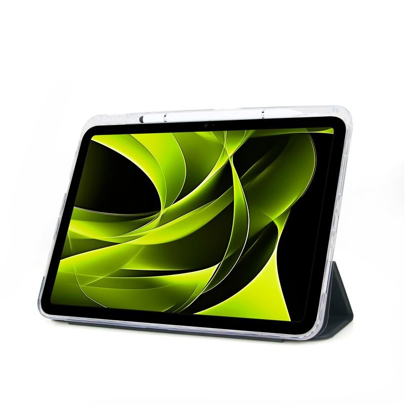 Tablet w przezroczystym etui z wyświetlaczem pokazującym abstrakcyjną grafikę w odcieniach zieleni i czerni. Etui ustawione jest w pozycji stojącej.