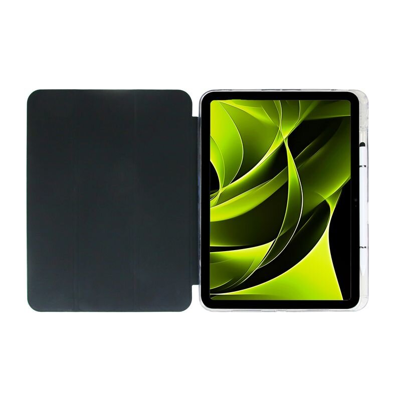 Obraz przedstawia tablet w przezroczystym etui z otwartą czarną okładką. Na ekranie widoczny jest abstrakcyjny wzór w odcieniach zieleni i czerni.