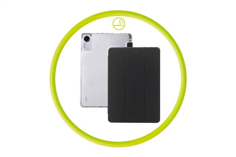 Obraz przedstawia przezroczyste etui na tablet oraz czarną okładkę, umieszczone w żółtym okręgu. Widoczny jest napis \'Redmi\' na tablecie.