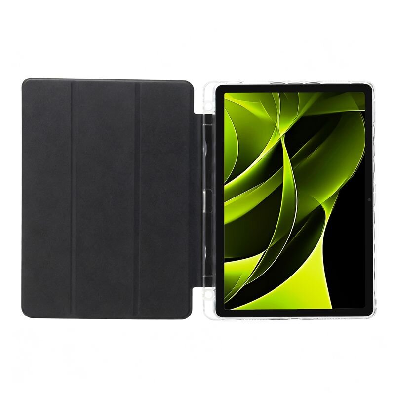 Obraz przedstawia tablet w przezroczystym etui z otwartą czarną okładką. Na ekranie widoczny jest abstrakcyjny wzór w odcieniach zieleni.