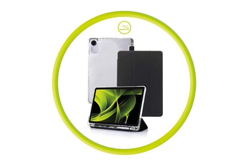 Obraz przedstawia przezroczyste etui na tablet oraz tablet z wyświetlaczem pokazującym zielono-czarną grafikę. W tle widoczna jest czarna okładka etui, a całość otoczona jest zielonym okręgiem z logo \'On Line\'.