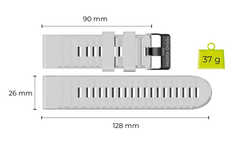 Obraz przedstawia biały silikonowy pasek do zegarka z napisem \'Mobile Origin\' na zapięciu. Pasek ma wymiary 90 mm i 128 mm długości oraz 26 mm szerokości, a jego waga to 37 g.