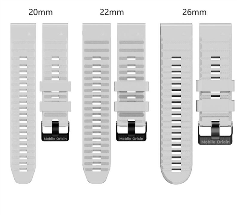 Obraz przedstawia trzy białe silikonowe paski do zegarków o szerokościach 20mm, 22mm i 26mm. Na każdym z pasków widnieje napis \'Mobile Origin\'.