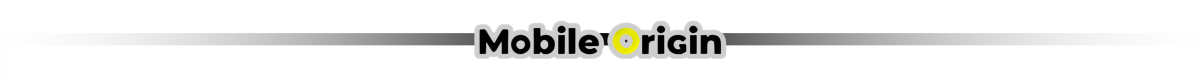 Logo z napisem \'Mobile Origin\' z żółtym okręgiem wokół litery \'O\', umieszczone na tle z szarym gradientem.