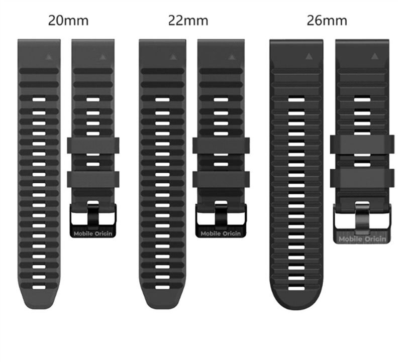 Na obrazie widoczne są czarne silikonowe paski do zegarków w trzech rozmiarach: 20mm, 22mm i 26mm. Na klamrach widnieje napis \'Mobile Origin\'.