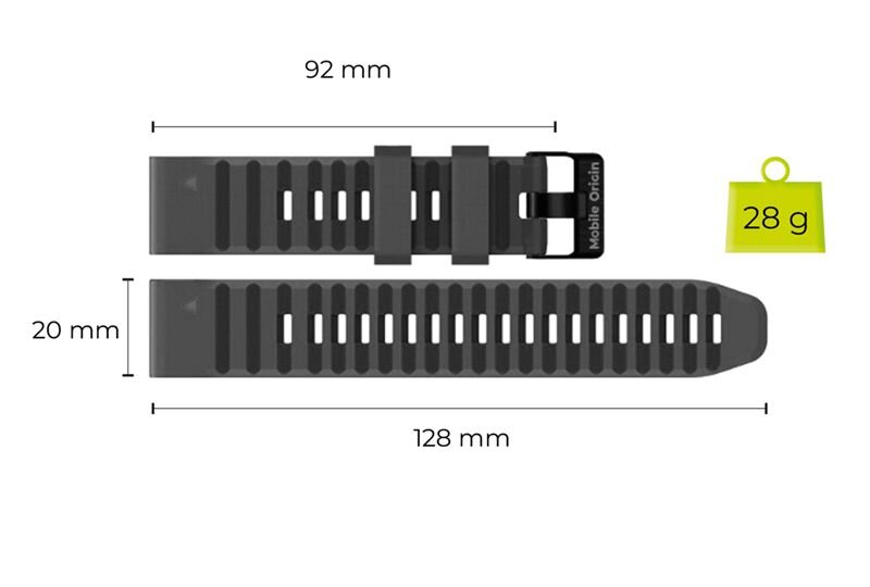 Czarny silikonowy pasek do zegarka z otworami, o wymiarach 92 mm i 128 mm długości oraz 20 mm szerokości. Waga paska wynosi 28 g, a na klamrze widoczny jest napis \'Mobile Origin\'.